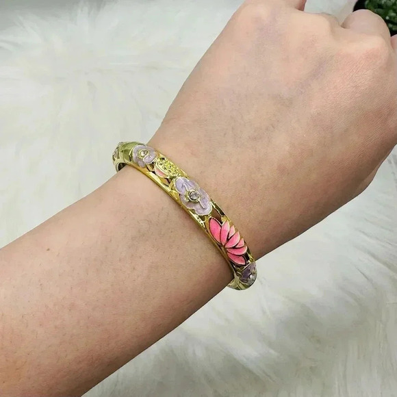 Purple & Pink Flower Enamel Cloisonne Bracelet Bangle - Picture 2 of 8